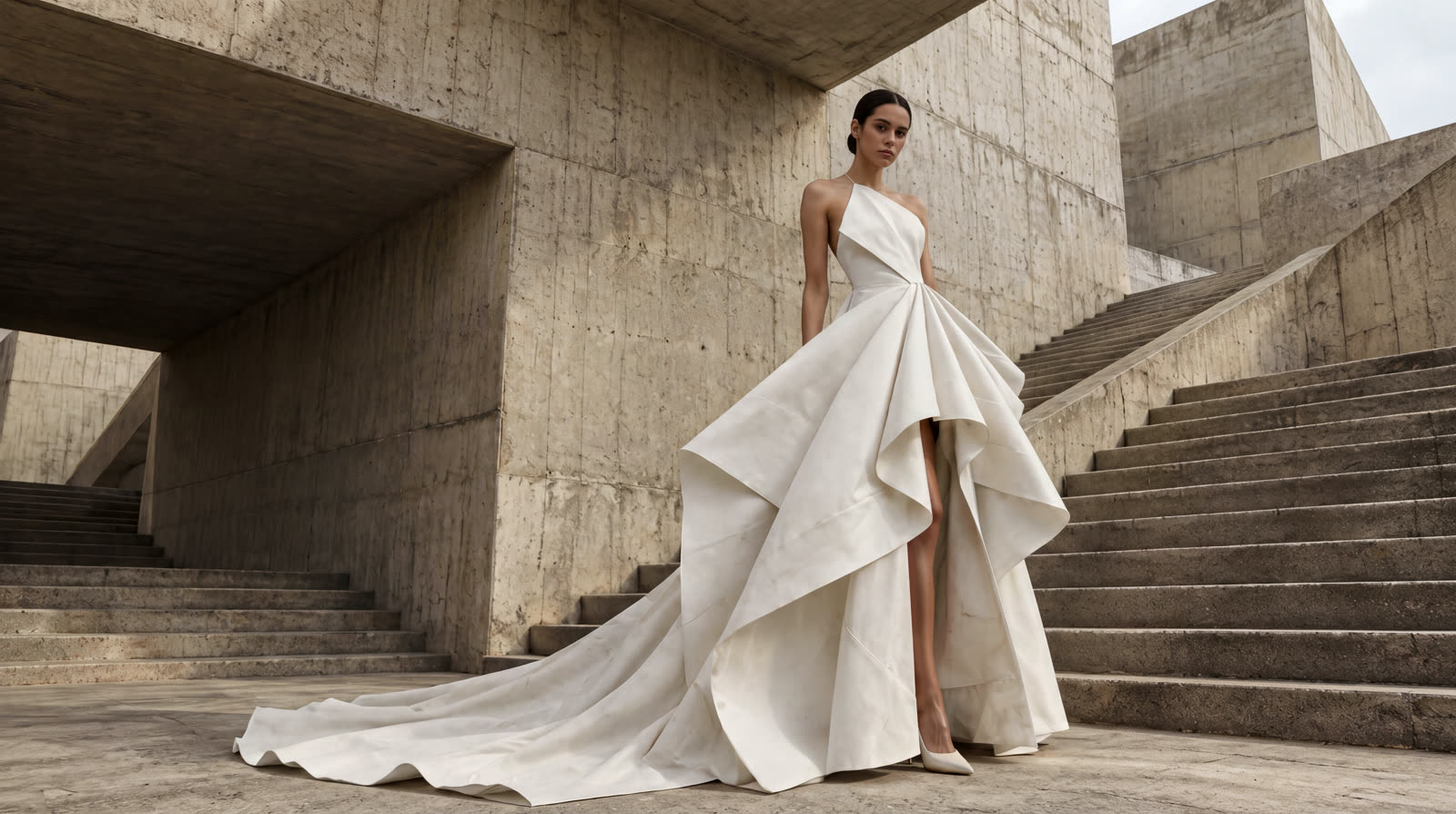 Bride in a sculptural white gown on a concrete staircase