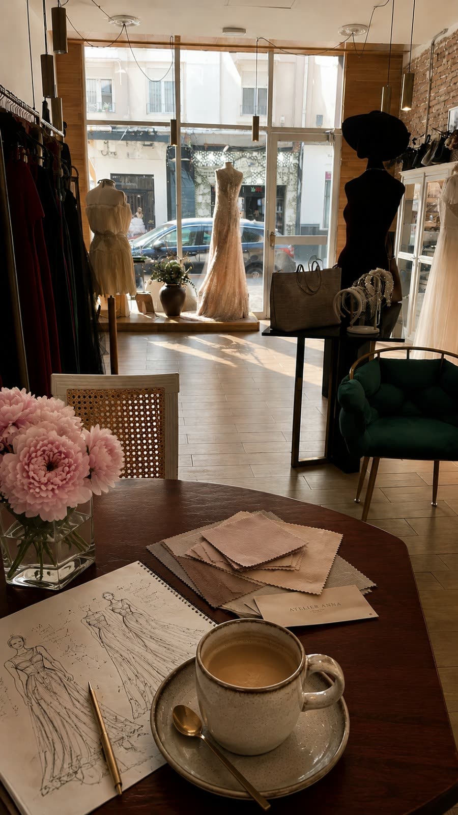 First-appointment table with sketches and fabric swatches