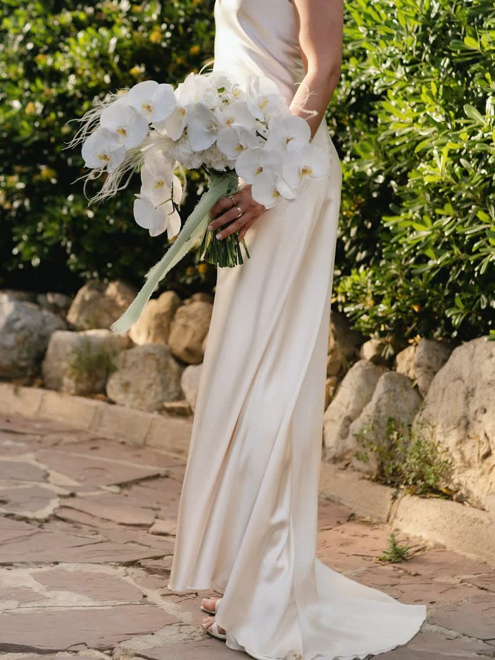 Falda de un vestido de novia de seda y ramo de orquídeas en un camino de jardín